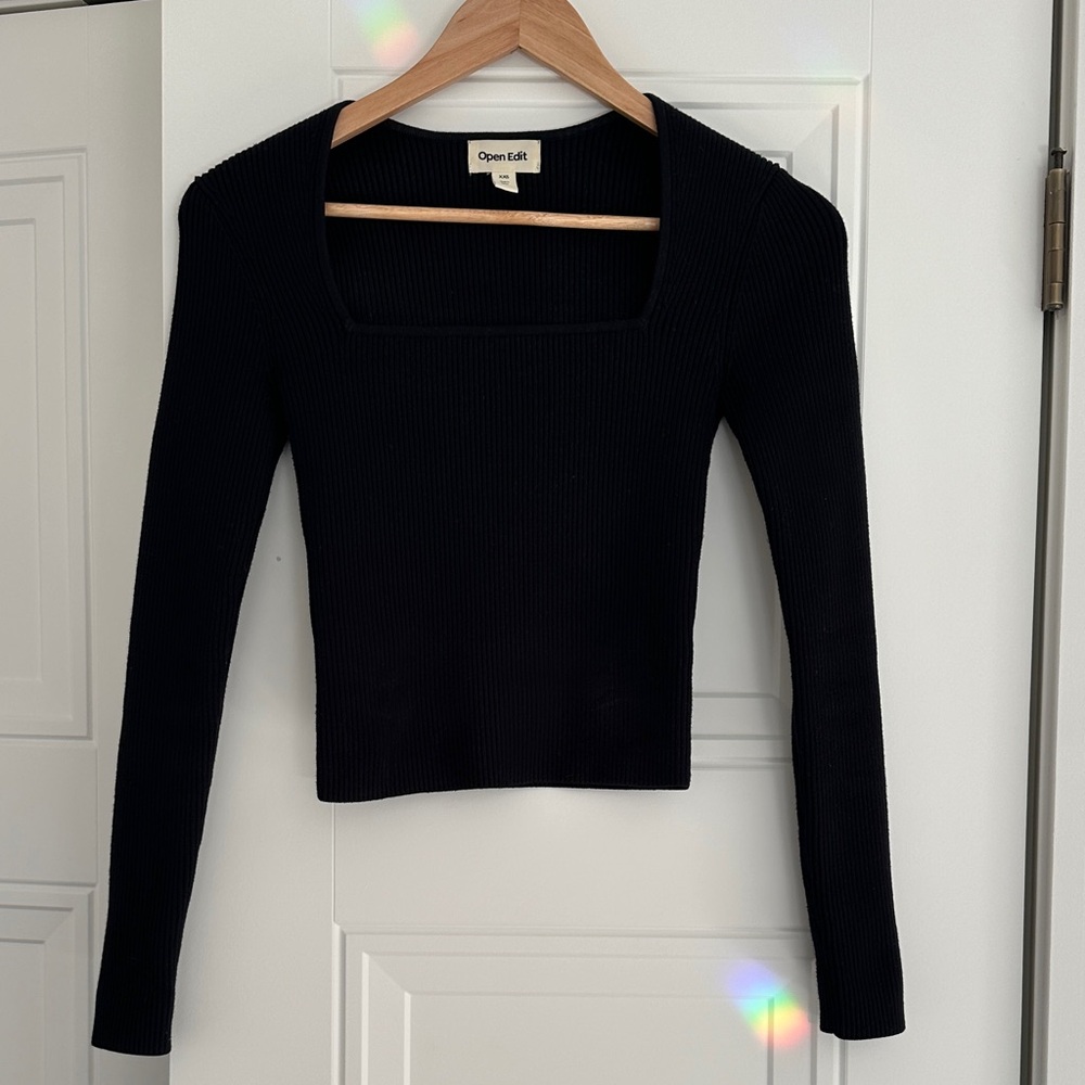 Black Open Edit Ribbed Knit Square Neck Women's Top